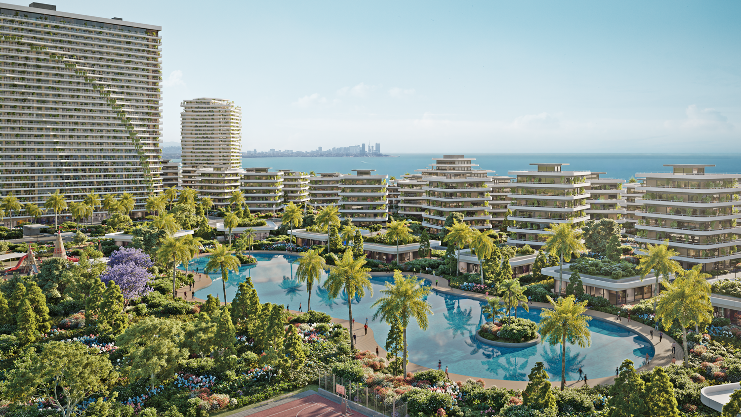 Панорамный вид на Petra Sea Resort с бассейнами, пальмами и высотными башнями на берегу Черного моря